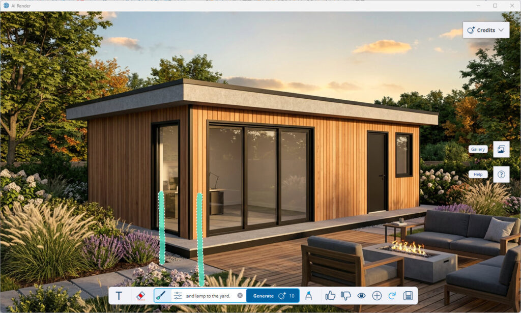 De AI Render interface in een zonsondergang-setting. Met de sketch tool is een verticale blauwe vorm getekend op de hoek van het terras, met de tekstprompt om een lamp toe te voegen.