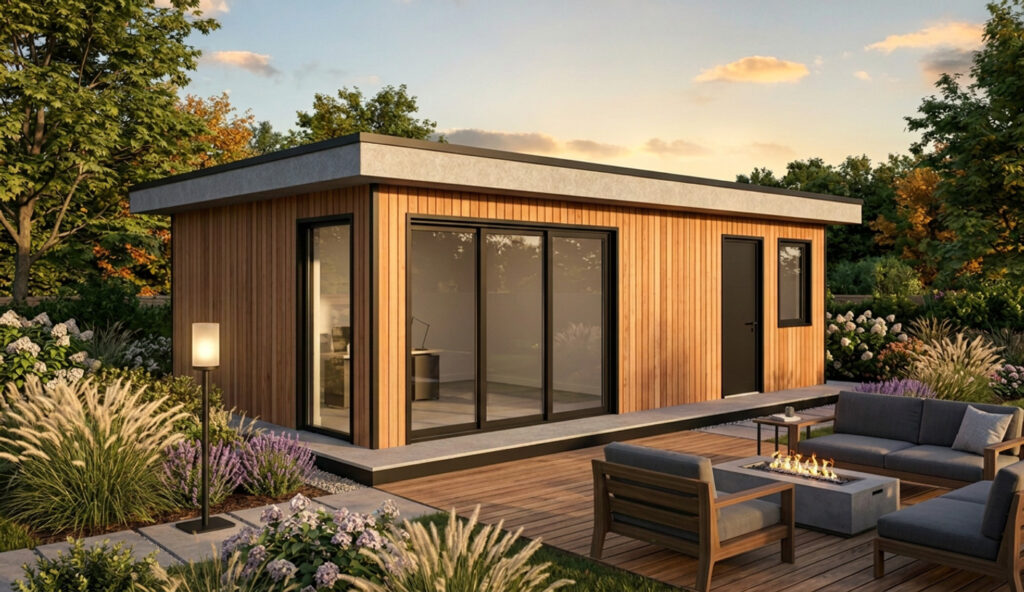 Het eerste render-resultaat van de geschetste lamp: een strakke, moderne staande buitenlamp met warm, gloeiend licht dat perfect past bij de zonsondergang.