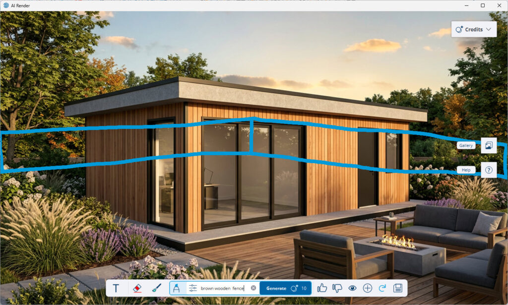 De AI Render interface waarbij met blauwe lijnen een brede schets over de achtergrond van de zonsondergang-render is getrokken, vergezeld van de prompt 'brown wooden fence'.