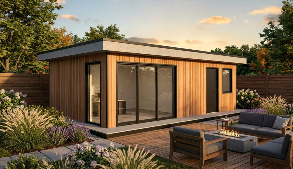 Het indrukwekkende eindresultaat. Een strakke horizontale houten schutting sluit de achtertuin af. De AI heeft de schutting correct áchter de tuinkamer geplaatst en de warme belichting van de ondergaande zon toegepast op het hout.