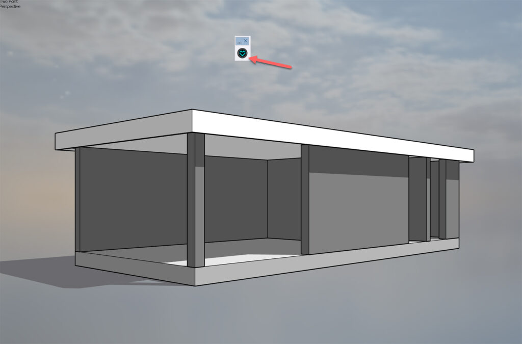 Het 3D-werkveld van SketchUp waarin een rode pijl wijst naar de zwevende VizMaker werkbalk boven het basismodel van een tuinkamer.
