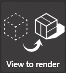 Een detailopname van de 'View to render' knop in VizMaker, geïllustreerd met een icoon waarbij een draadmodel (wireframe) transformeert in een massief 3D-blok.