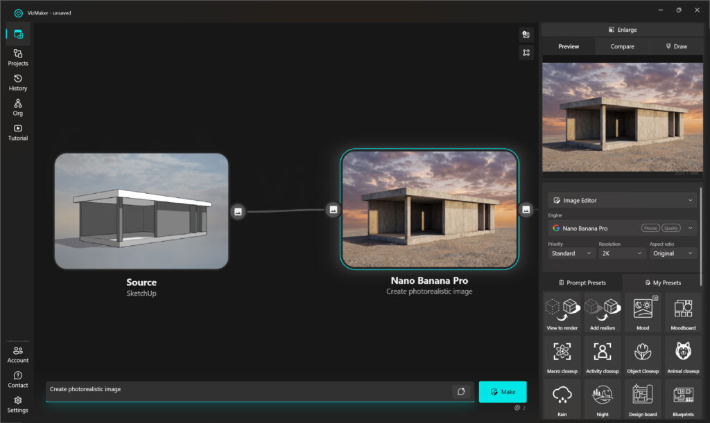 De innovatieve node-based interface van VizMaker. Een blok genaamd 'Source SketchUp' is visueel verbonden met een render-blok genaamd 'Nano Banana Pro', dat een betonnen tuinhuis bij zonsondergang toont.