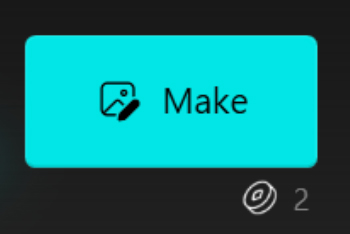 De felgekleurde cyaan 'Make' knop in VizMaker om de render-opdracht te starten, inclusief een munt-icoontje dat aangeeft dat de actie 2 credits kost.