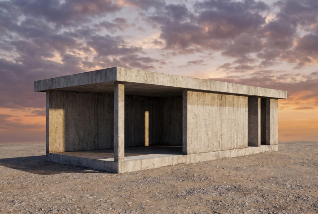Het eerste fotorealistische render-resultaat uit VizMaker: een ruw, betonnen paviljoen in een uitgestrekt woestijnlandschap met een dramatische lucht.