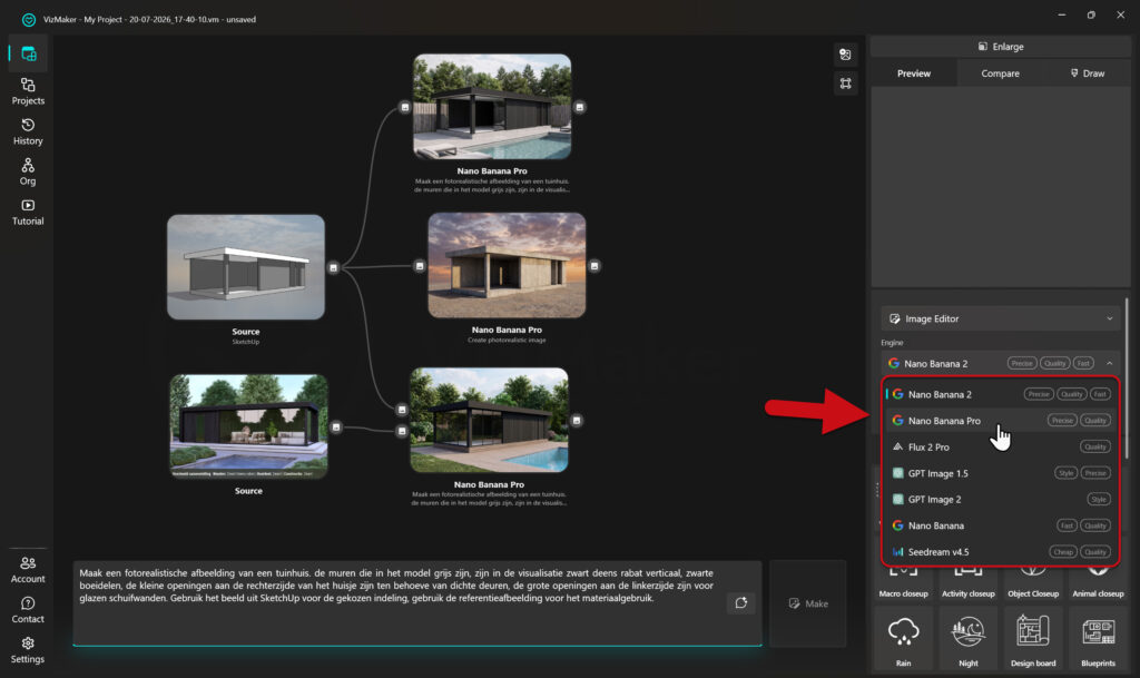 De VizMaker interface waarbij een rode pijl wijst naar het drop-down menu voor Image Editors. De 'Nano Banana Pro' engine wordt geselecteerd. Onderin staat een uitgebreide Nederlandstalige prompt over materialen en referentiebeelden.