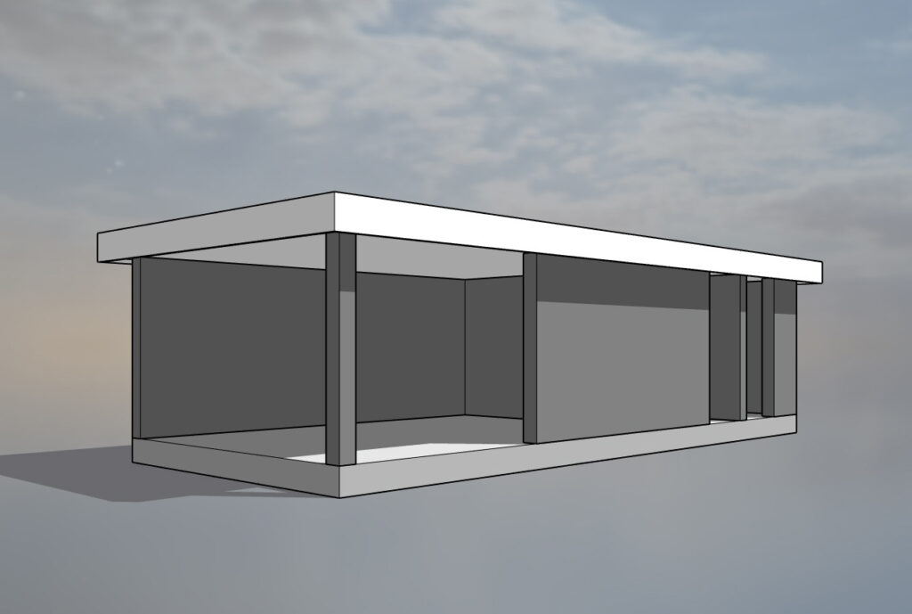 Het eenvoudige grijze 3D-basismodel (Source) van de tuinkamer in SketchUp, dat dient als geometrische basis voor de AI-render.