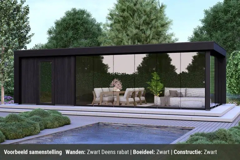 Een referentiefoto van een bestaande zwarte tuinkamer, gebruikt in VizMaker om de AI te sturen qua materiaalgebruik (Zwart Deens rabat).