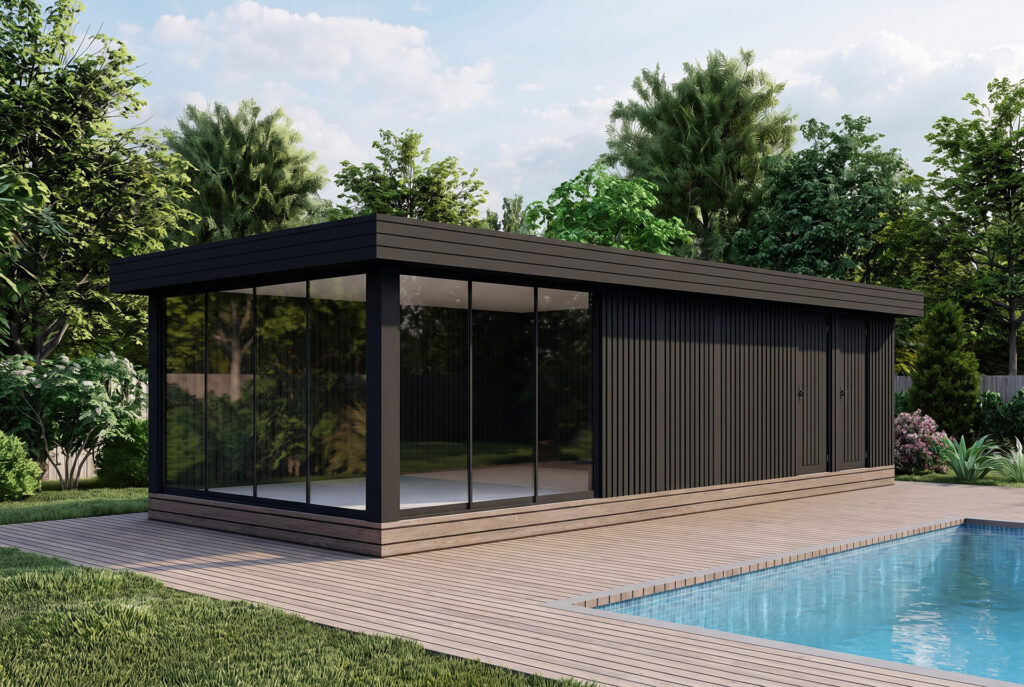 Een fotorealistische 3D-render uit VizMaker van een moderne tuinkamer met zwarte houten bekleding en grote glazen ramen, gelegen aan een strak zwembad met een houten vlonder.
