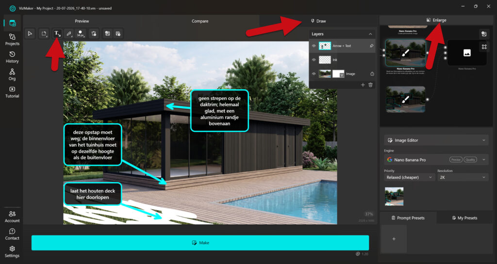 De VizMaker interface waarbij de 'Draw' functie wordt gebruikt om met tekst en markeringen direct op de render correcties aan te geven, zoals het verwijderen van een opstapje en het doortrekken van de vlonder.