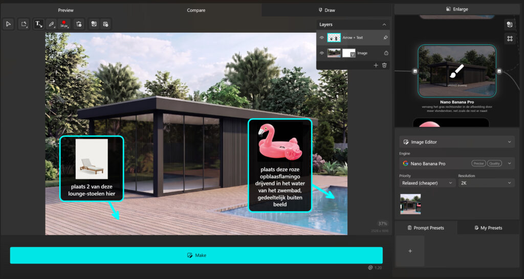 De 'Draw' interface in VizMaker die een alternatieve werkwijze toont. Referentieafbeeldingen van een ligstoel en een roze opblaasflamingo zijn direct op de 3D-render van de tuinkamer geplakt. Blauwe pijlen en tekstvakken instrueren de AI exact waar en hoe deze objecten in de scène geplaatst moeten worden.