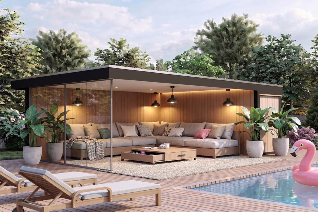 AI-render gegenereerd met de Flux 2 Pro engine in VizMaker. De tuinkamer is sfeervol ingericht met een grote hoekbank, warme verlichting en weelderige planten.