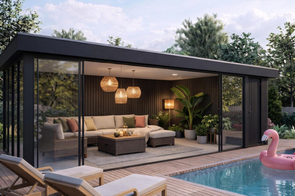 AI-render gegenereerd met de GPT Image 1.5 engine in VizMaker. Het interieur toont donkere accenten, rieten hanglampen en een robuuste loungetafel.