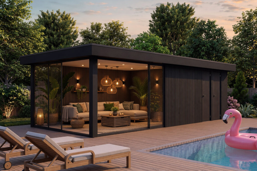 AI-render gegenereerd met de GPT Image 2 engine. De scène baadt in een warme zonsondergang, wat zorgt voor prachtig contrastrijk licht in het ingerichte interieur.