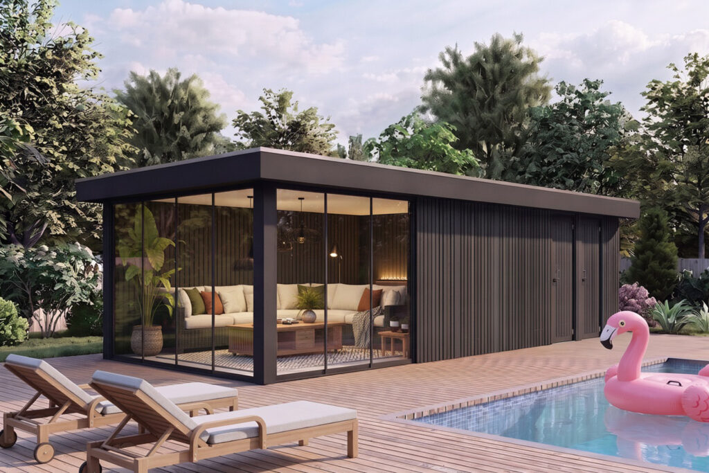 AI-render gegenereerd met de standaard Nano Banana engine in VizMaker. De tuinkamer toont een realistische inrichting met sfeervolle achtergrondbelichting in de hoek.