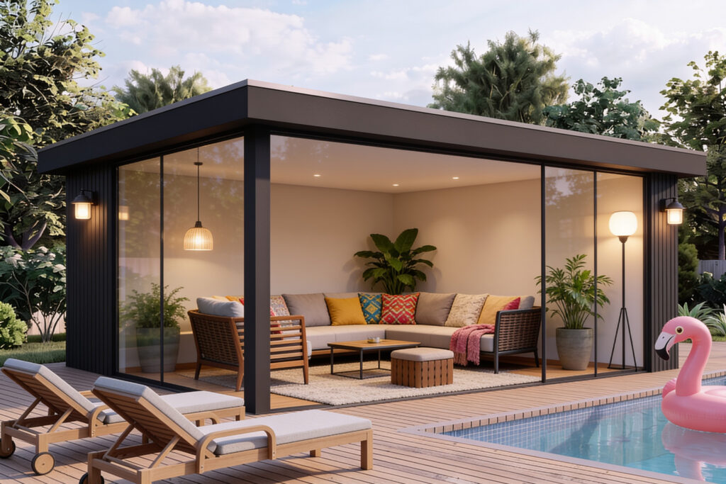 AI-render gegenereerd met de Seedream 4.5 engine in VizMaker. Een zeer strakke, commerciële look met kleurrijke kussens en heldere plafondspots.