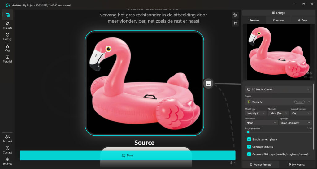 Een screenshot van de VizMaker interface waarin de '3D Model Creator' actief is. Een 2D-bronafbeelding van een roze opblaasflamingo wordt via de 'Meshy AI' engine omgezet in een daadwerkelijk 3D-model, met zichtbare instellingen voor polycount en PBR-texturen.