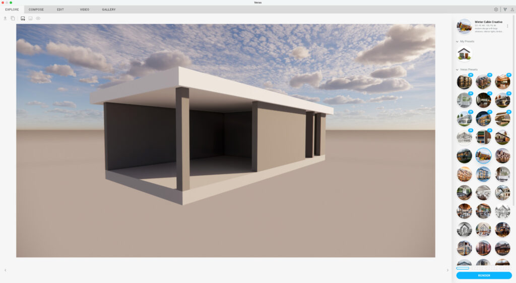 De overzichtelijke interface van de Veras AI plugin in SketchUp. Het hoofdscherm toont een eenvoudig 3D-basismodel van een overkapping. Aan de rechterkant is een zijpaneel zichtbaar met tientallen visuele presets (stijlen).