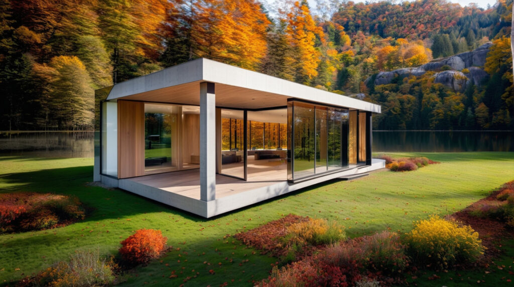 Het eerste render-resultaat van Veras op basis van het blokmodel. Een strak, modern paviljoen met houten wanden en glazen schuifpuien, geplaatst op een groen gazon aan een spiegelend meer in een felgekleurd herfstbos.