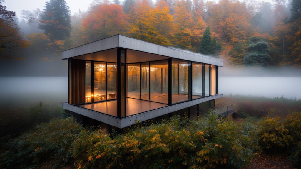 Een tweede, veel sfeervollere Veras render van hetzelfde basismodel. Het paviljoen is nu een glazen doos die deels lijkt te zweven boven de begroeiing in een dicht, mistig herfstbos, verlicht door warm interieurlicht.