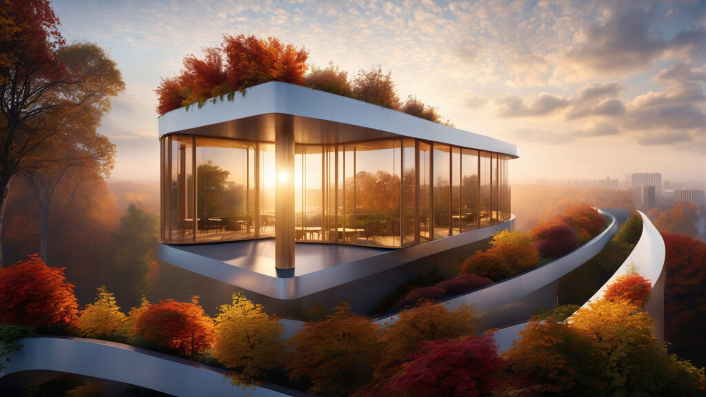 Een derde Veras render waarbij de AI veel creatieve vrijheid heeft genomen. Het hoekige blokmodel is getransformeerd in een futuristisch, gebogen paviljoen met daktuinen, uitkijkend over een herfstbos bij zonsondergang.