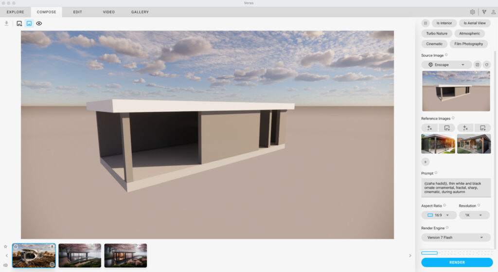De 'Compose' tab in de Veras AI interface met een eenvoudig 3D-basismodel in beeld. Aan de rechterkant worden referentiebeelden van tuinkamers en een uitgebreide tekstprompt gebruikt om de stijl van de render te sturen.