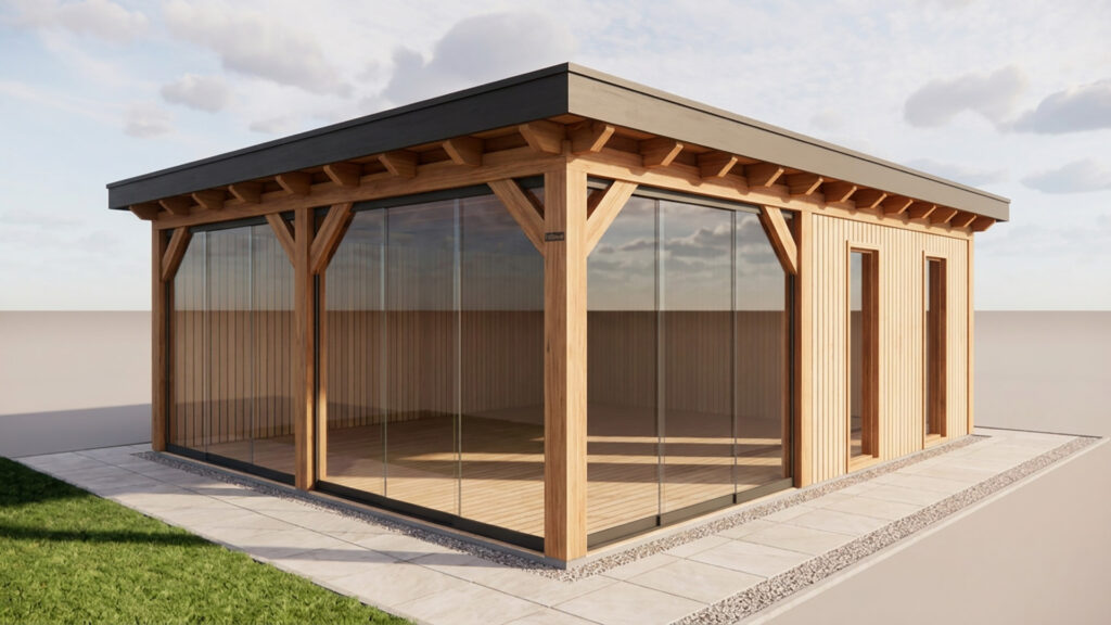 Een initiële, basic AI-render van een houten tuinkamer met glazen schuifwanden en een overstekend dak, gepresenteerd op een eenvoudige ondergrond zonder verdere omgevingsdetails.