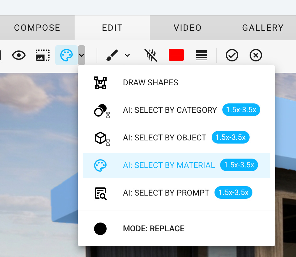 Een detailopname van het 'Edit' menu in Veras, waarbij de slimme selectietool openstaat. De optie 'AI: Select by material' is blauw gemarkeerd.