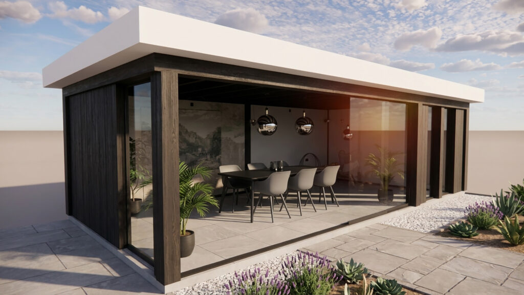 Een sterk verbeterde AI-render van de tuinkamer. Het gebouw heeft nu donkere houten kozijnen, een stijlvol ingerichte eethoek met reflecterende hanglampen en een gedetailleerd terras met lavendel, maar de achtergrond is nog leeg.