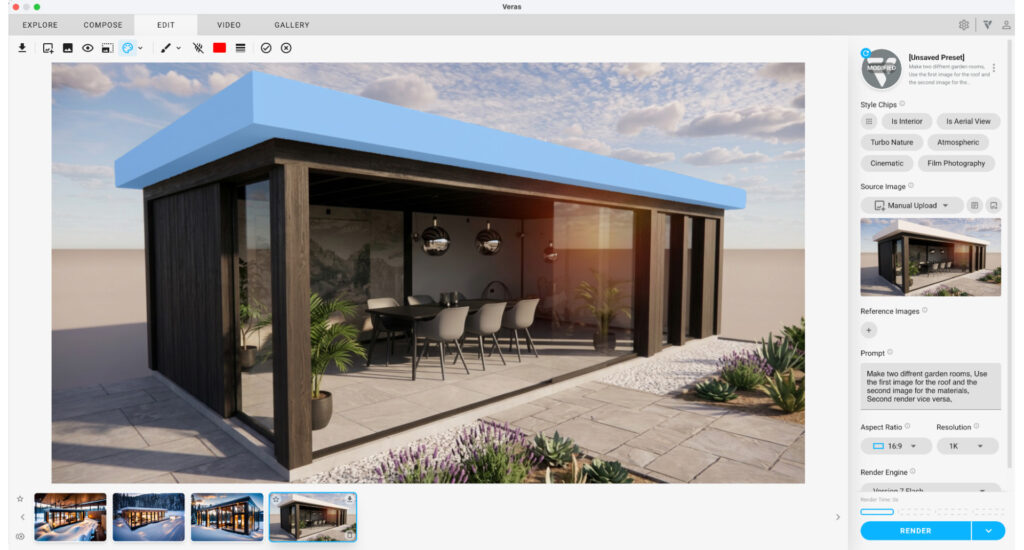 De Veras interface waarin het dak van de tuinkamer lichtblauw is gemarkeerd als masker. De prompt aan de zijkant geeft de AI specifieke instructies om het materiaal van het dak en de omgeving aan te passen op basis van referentiebeelden.