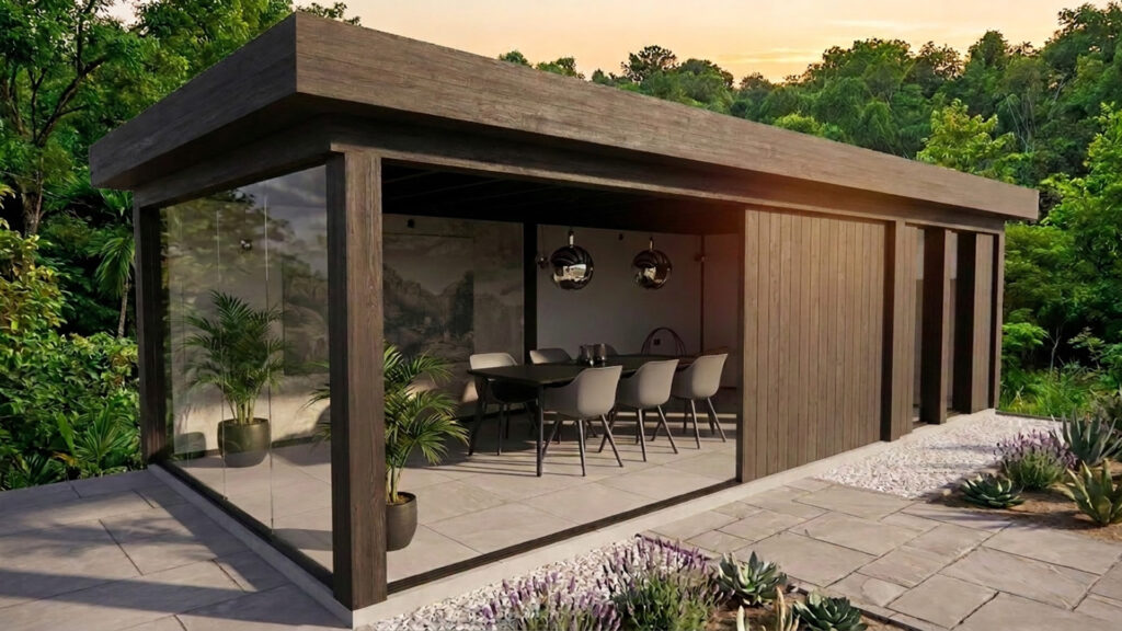 Het overtuigende, fotorealistische eindresultaat in Veras. De donkere tuinkamer met ingericht terras is nu perfect geïntegreerd in een weelderig, groen bos, belicht door een warme zonsondergang, waarbij het dak dezelfde donkere houttextuur heeft gekregen.