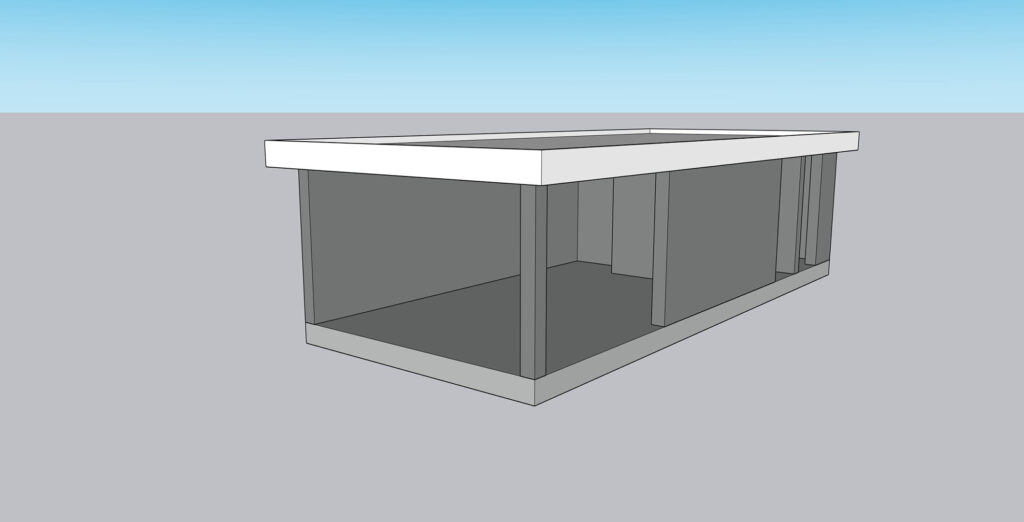 Een basis 3D-SketchUpmodel van een tuinkamer met een plat dak, getekend in eenvoudige grijstinten tegen een blauwe lucht. Dit toont de ruwe volume-opzet voor een architectonisch ontwerp.