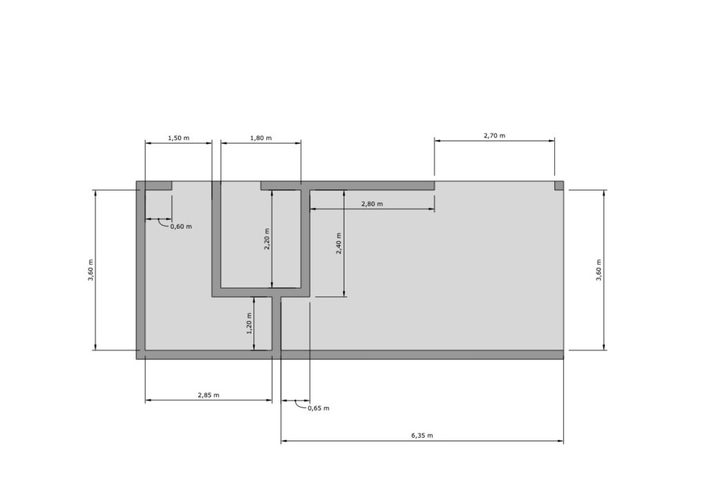 Een 2D-plattegrond en technische maattekening van de tuinkamer, voorzien van exacte afmetingen in meters (zoals 6,35 m en 3,60 m) voor de muren en openingen.