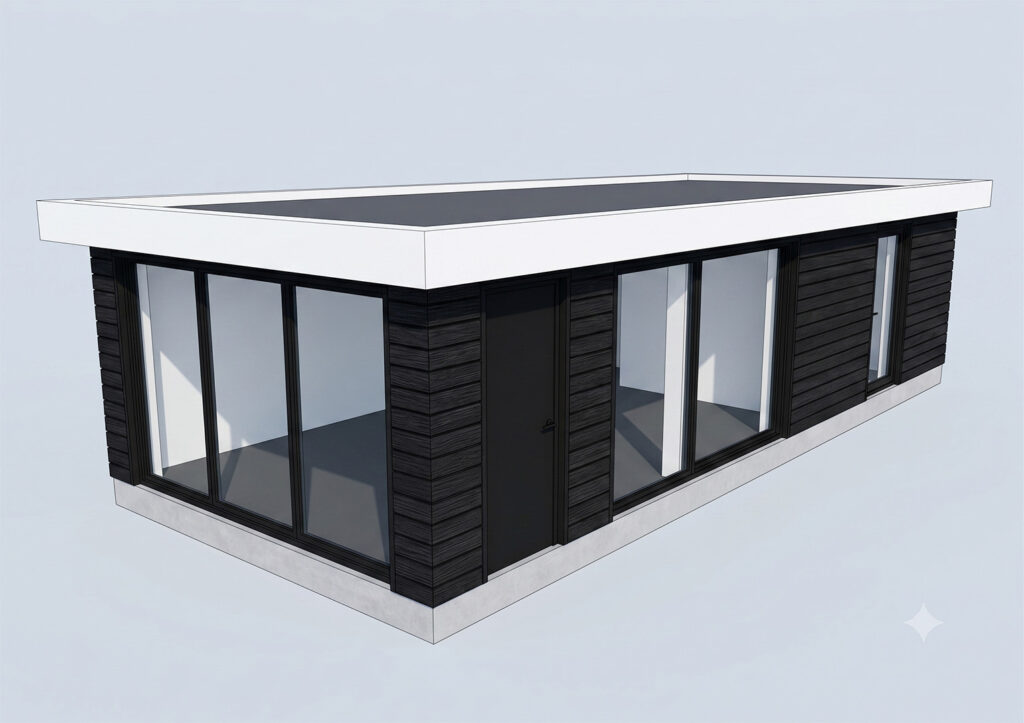 Een conceptuele 3D-render van een tuinkamer met donkere houten gevelbekleding, grote glazen puien en een witte dakrand, vrijstaand gepresenteerd op een egale lichte achtergrond. Dit is het resultaat van de eerste AI-prompt.