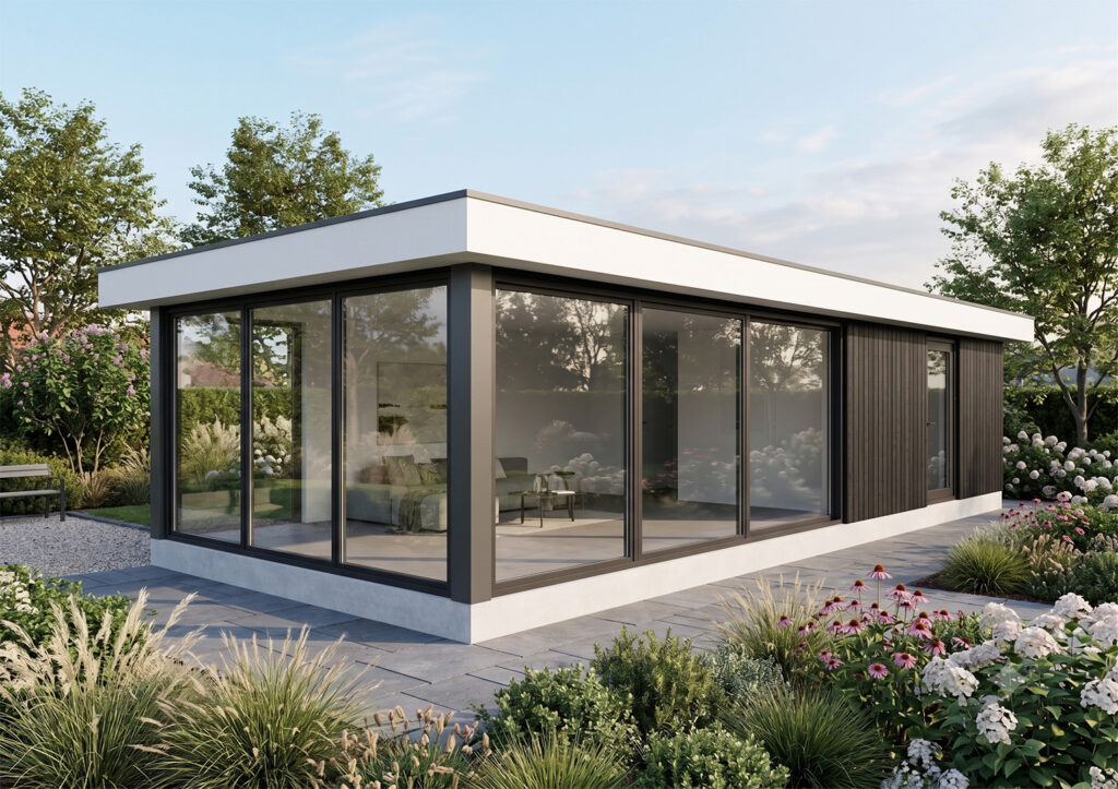 Een fotorealistische AI-render van de moderne tuinkamer, nu geplaatst in een weelderige tuin vol bloeiende planten en bomen. Het interieur is zichtbaar door de grote ramen en het buitenverblijf staat op een strak stenen terras.