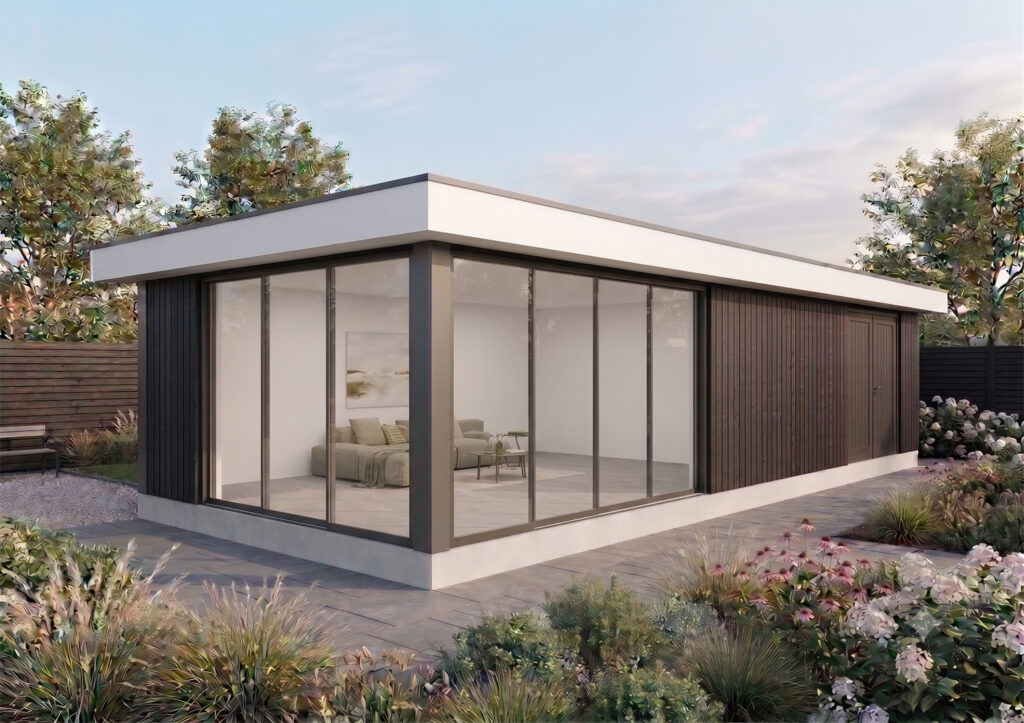 Het verfijnde, fotorealistische eindresultaat van de AI-gegenereerde tuinkamer. De afbeelding toont strakke verticale donkere houten lamellen, dichte dubbele deuren aan de zijkant en een sfeervol interieur, perfect geïntegreerd in een zonnige tuin.