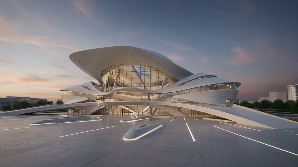 A photorealistic, futuristic 3D render of a large building featuring organic, flowing lines and expansive glass facades at sunset. This hero image shows a vast plaza with integrated floor lighting and demonstrates the advanced AI architectural visualizations of Chaos Veras.