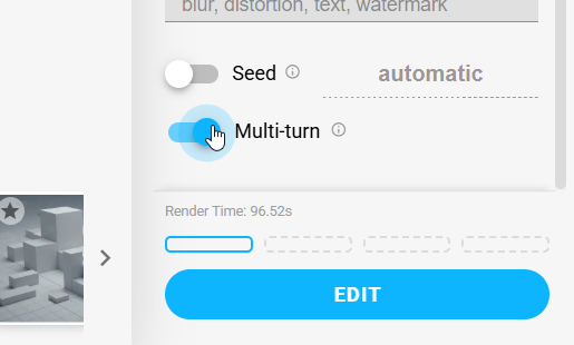 A close-up screenshot of the Chaos Veras interface showing the 'Multi-turn' toggle switch being activated with a mouse cursor. Below the enabled blue switch, a large 'EDIT' button and the current render time are visible.