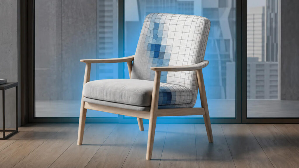 3d visualisatie van een stoel die overgaat van fotorealistisch naar een CAD mesh model