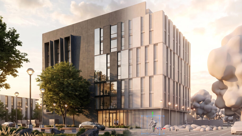 3d visualisatie van een gebouw dat overgaat van fotorealistisch naar cad