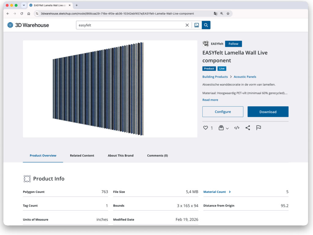 Image of an EASYfelt product in the SketchUp 3D Warehouse