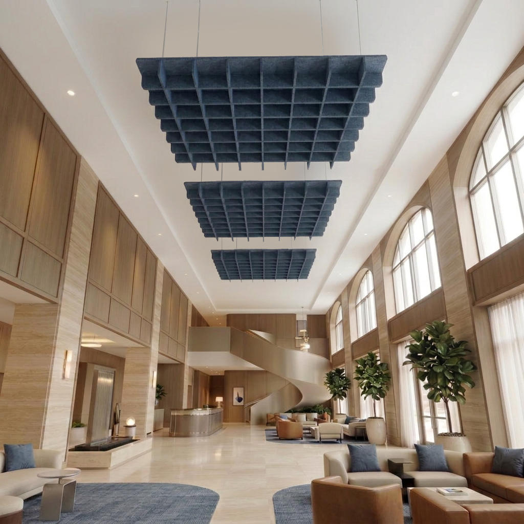 Grid felt panels on the ceiling in a stylish lobby