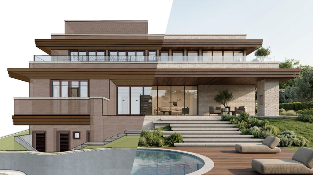 3D visualisatie van een villa van schets naar fotorealistisch