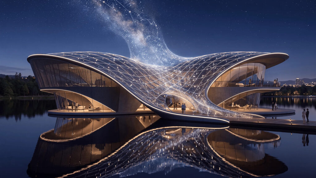 Een futuristische, organisch gevormde architectuurrender bij nacht, gebouwd aan een spiegelend meer. Het pand heeft glazen gevels, verlichte contouren en een magisch dak waaruit een lichtgevende sterrenhemel of melkweg lijkt te stromen. Er staan silhouetten van personen op de steigers en in het sfeervol verlichte interieur.