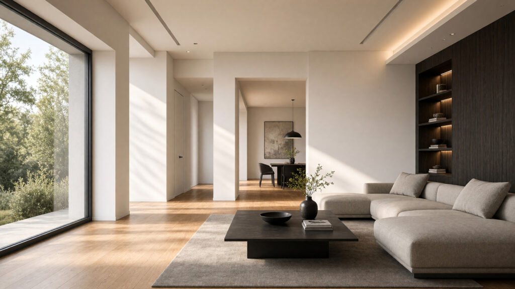 Een fotorealistische 3D-render van een licht, minimalistisch interieur met grote ramen, een lichte hoekbank en een donkere salontafel op een houten vloer, badend in warm zonlicht.