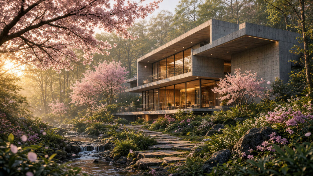 Een sfeervolle AI-render van een moderne betonnen villa met grote glazen puien, omringd door een weelderig bos met bloeiende roze kersenbloesems en een kabbelend beekje met stapstenen bij zonsopgang.