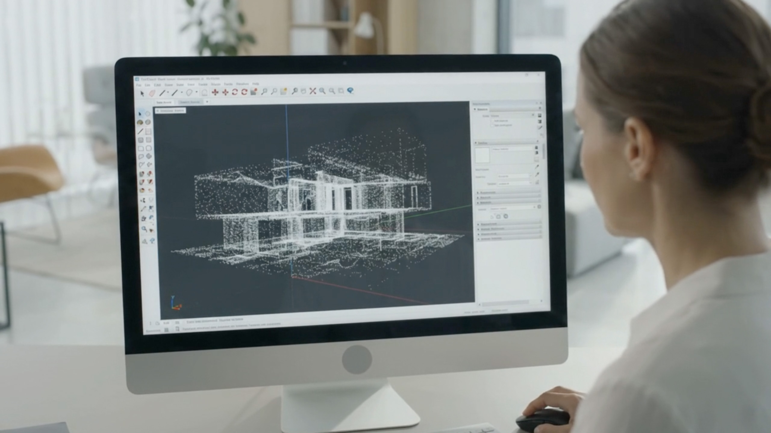 A female designer concentrates on a large computer screen in a bright, modern office. The screen shows a detailed 3D point cloud or complex wireframe model of a building in the SketchUp interface.