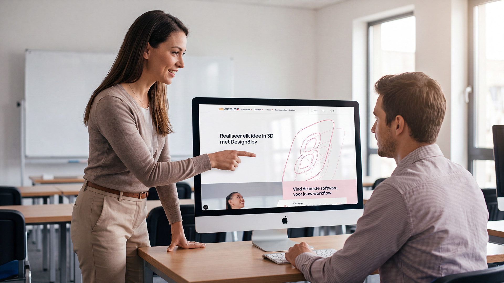 Onze vrouwelijke adviseur staat aan een bureau en wijst naar een groot computerscherm, terwijl een zittende man aandachtig toekijkt. Op de monitor wordt de website van Design8 weergegeven met de slogan 'Realiseer elk idee in 3D met Design8 bv' en 'Vind de beste software voor jouw workflow'.