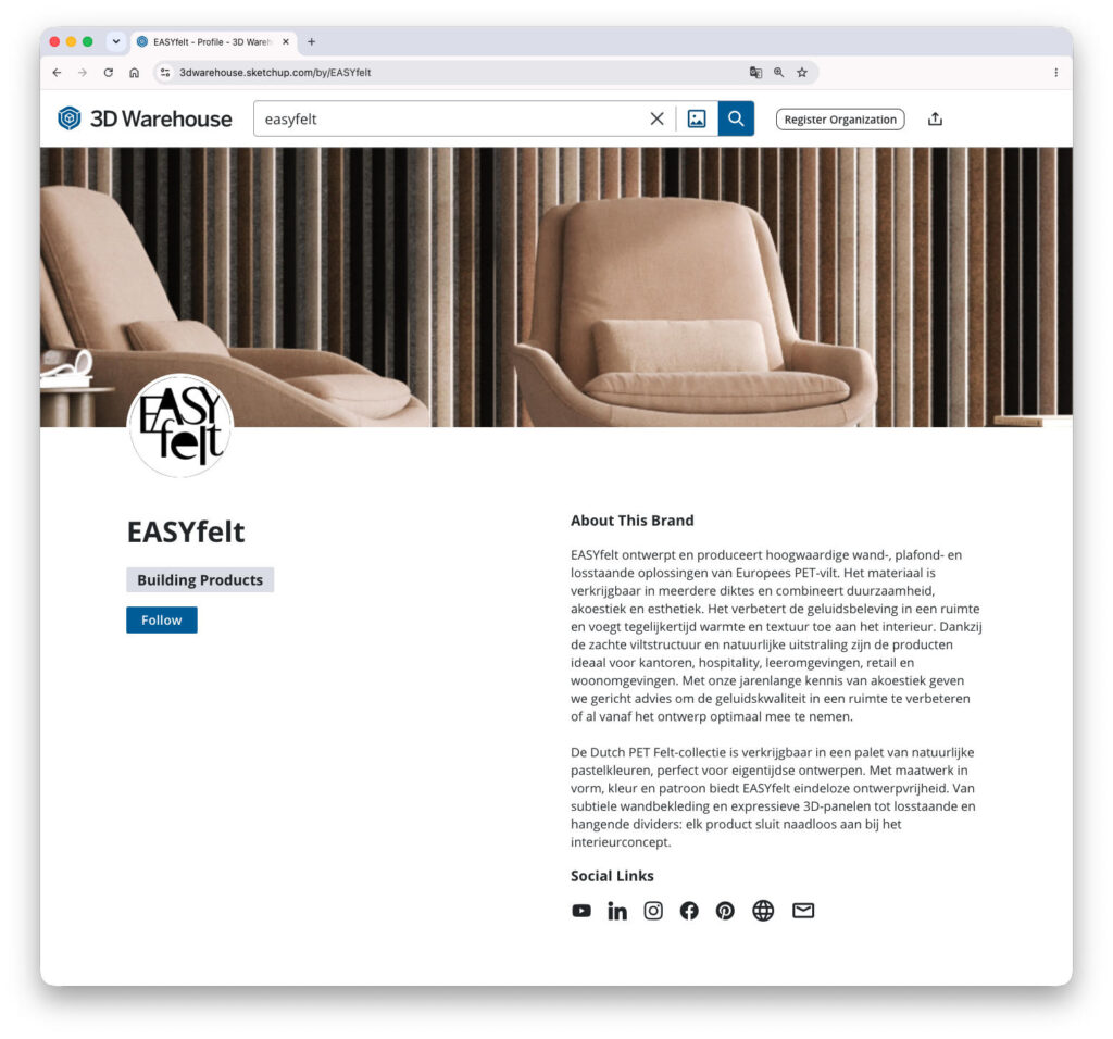 Screenshot of the EASYfelt Brand page at the 3D Warehouse