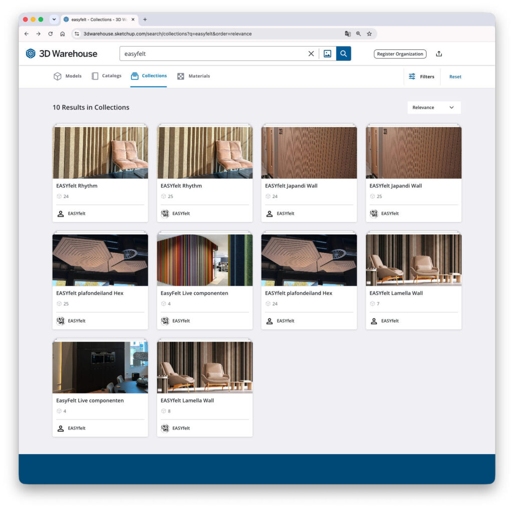 Screenshot of the EASYfelt collection at the 3D Warehouse